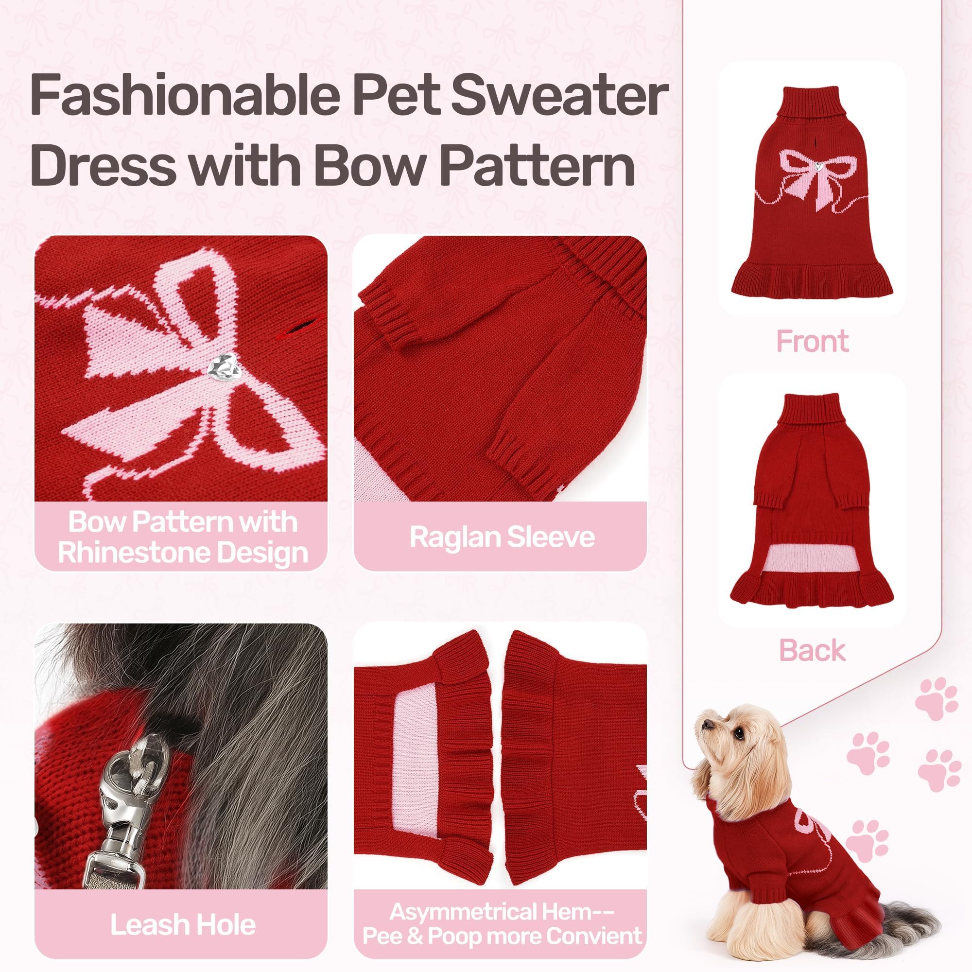 WOYYHO dog sweater red bow back highlights cute design and cozy warmth.