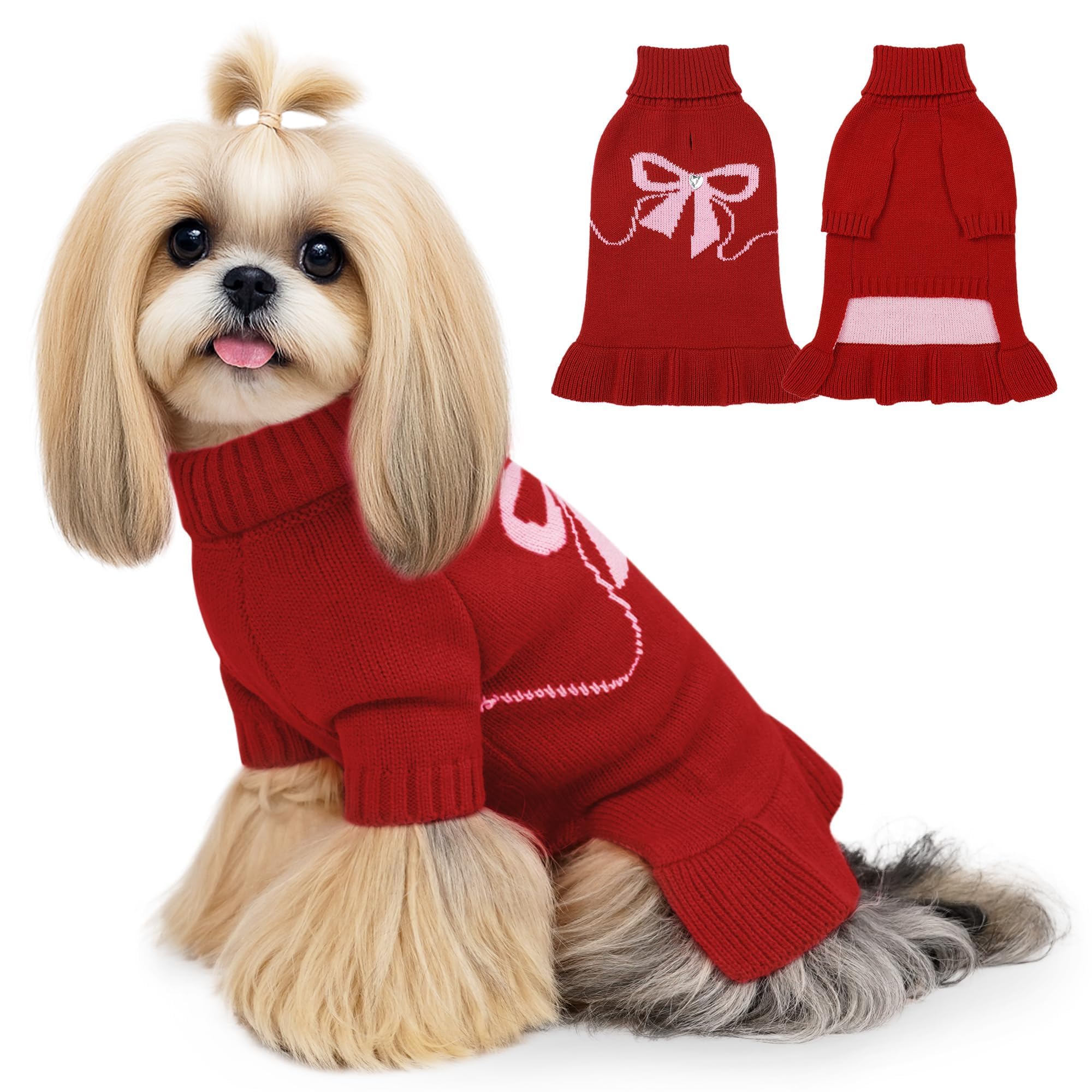 WOYYHO dog sweater red bow front showcases warm, festive styling for small dogs.