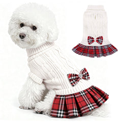 WOYYHO girl dog sweater dress with bowtie in white for cozy daily wear