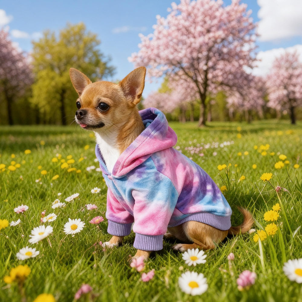 WOYYHO premium velvet tie-dye dog hoodie curved-hem provides ergonomic fit for bathroom trips.