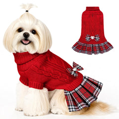 WOYYHO small dog sweater dress with bowtie plaid skirt for stylish warmth