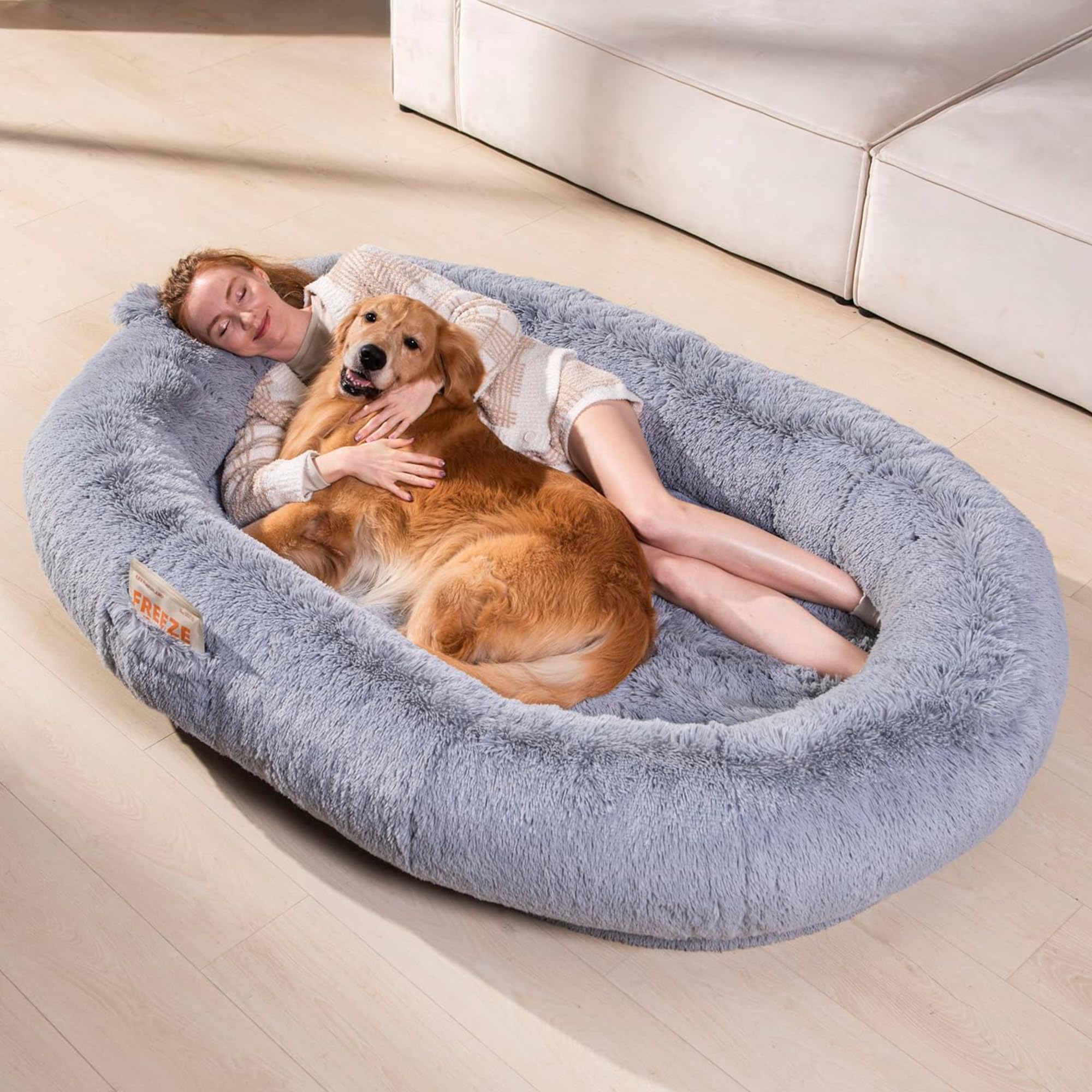 WOZOKE human dog bed giant size 74x50x12 for comfortable shared lounging with pets.