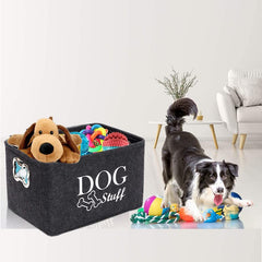 Wpetle dog toy bin in family room demonstrates versatile storage for toys.