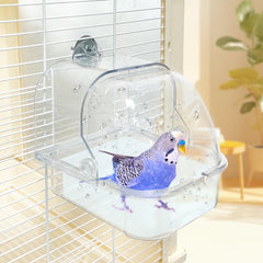 WQY GroceryShop birdbath cage-attachment demonstrates secure mounting for convenient bird baths.