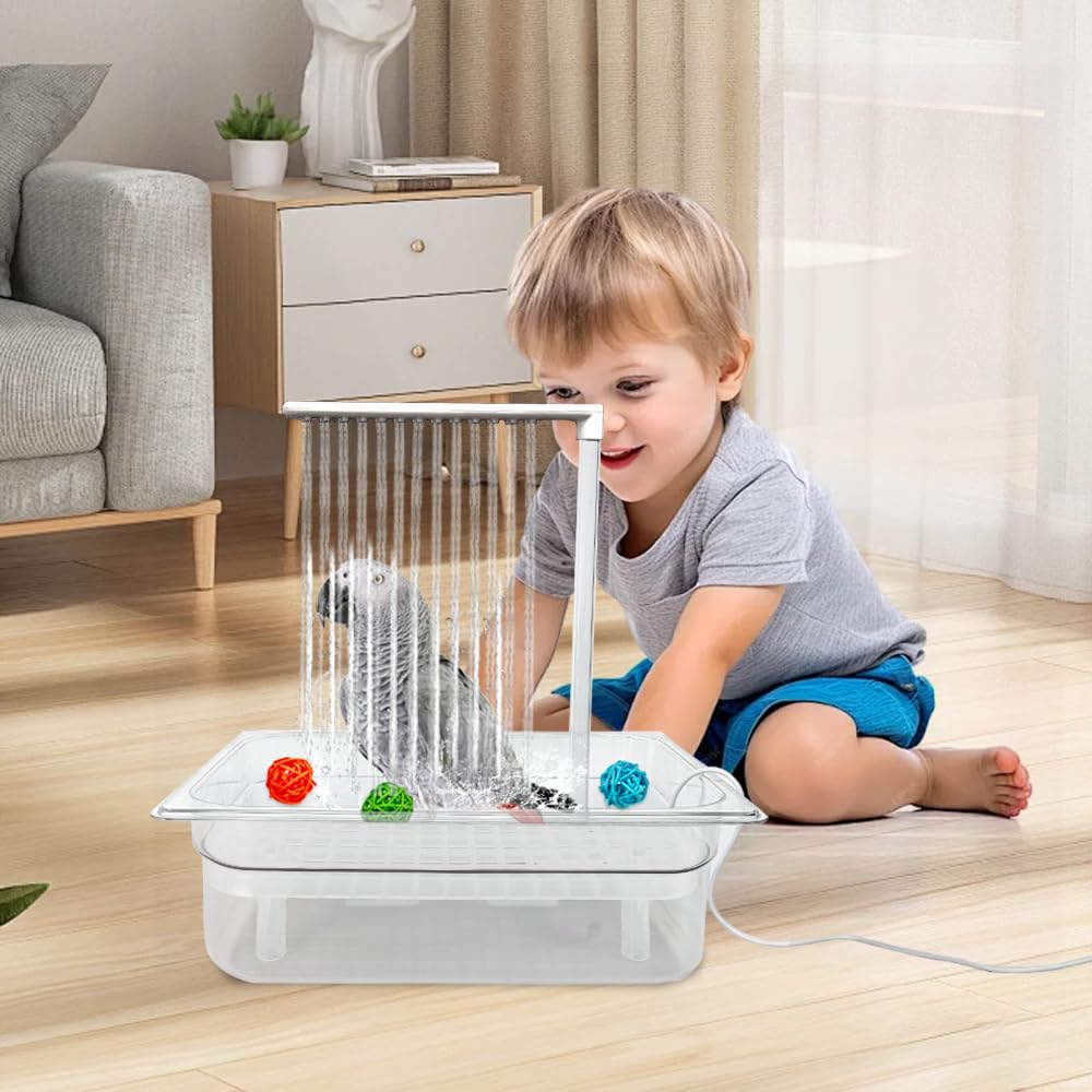 WQY GroceryShop parrot bath in-use scene showing bird bathing activity