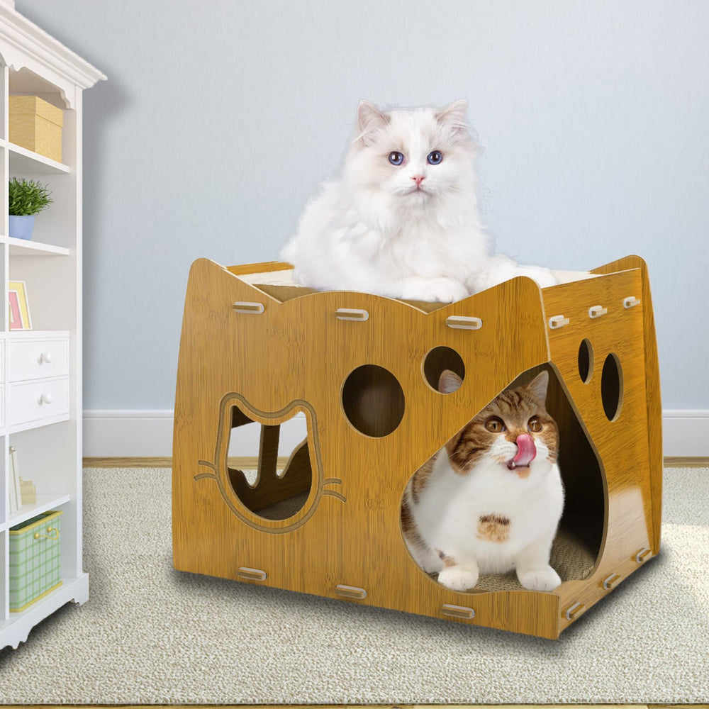 WRINGKIT 2-Level Cat Scratcher House cat usage — cat lounging and scratching in a cozy space.