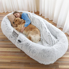 WROS human dog bed gray faux fur cover offers cozy lounging.