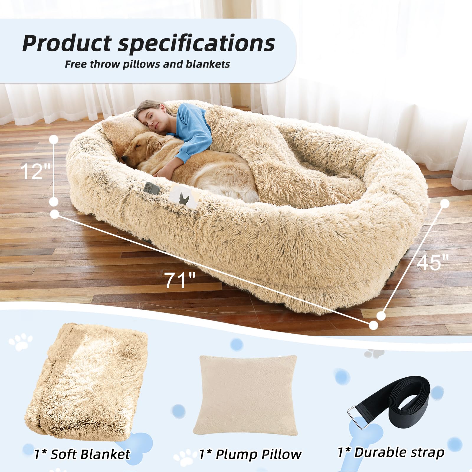 WROS human dog bed non-slip bottom reduces shifting for stable use.