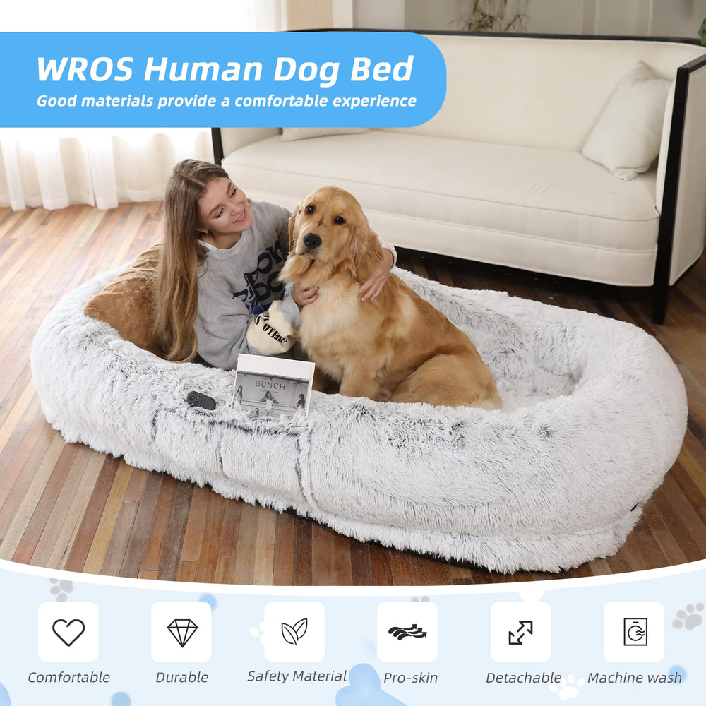WROS human dog bed orthopedic-style support with plump pillow.