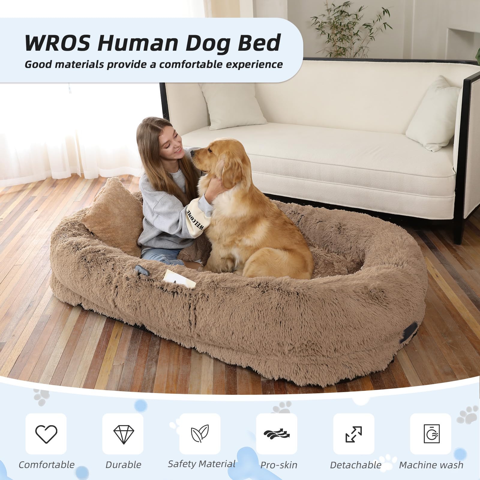WROS Human Dog Bed oversized bolster for secure cuddling and comfort