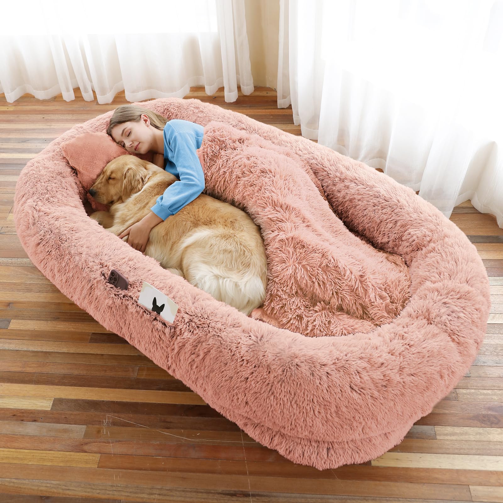 WROS Human Dog Bed pink faux fur close-up shows plush warmth for cozy naps