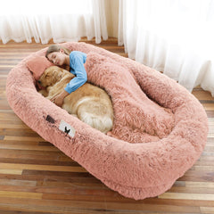 WROS Human Dog Bed pink faux fur close-up shows plush warmth for cozy naps