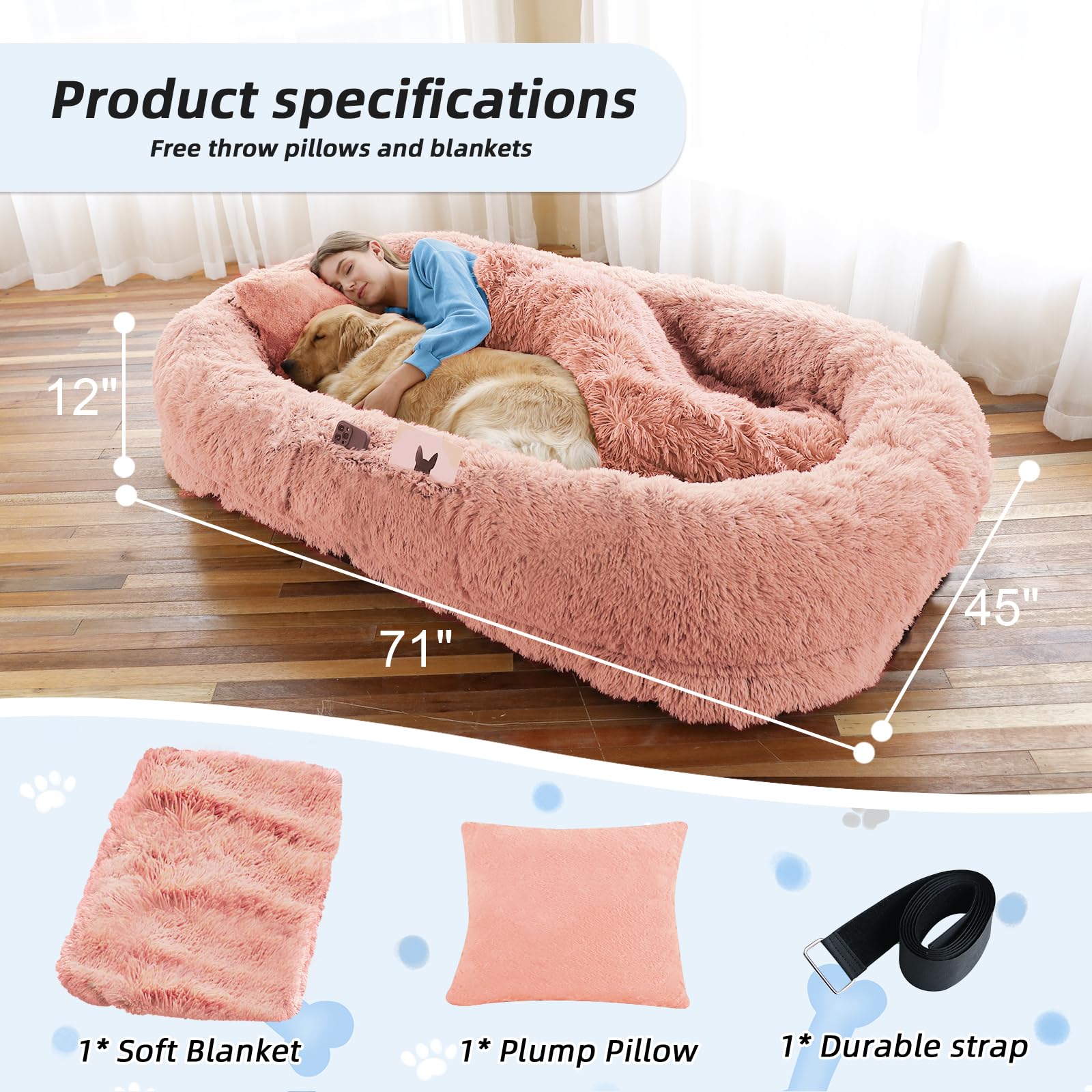 WROS Human Dog Bed pink oversized bolster emphasizes secure feel during rest