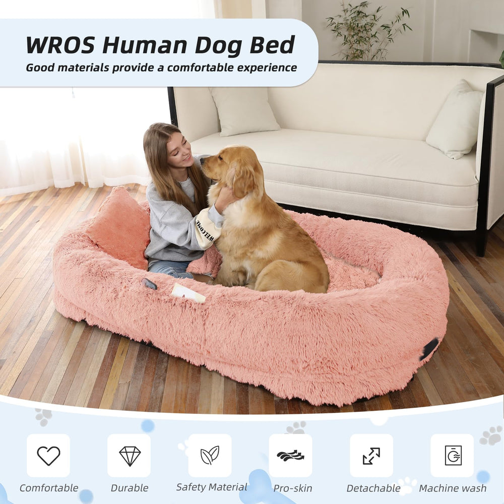 WROS Human Dog Bed pink soft blanket view highlights extra warmth and comfort