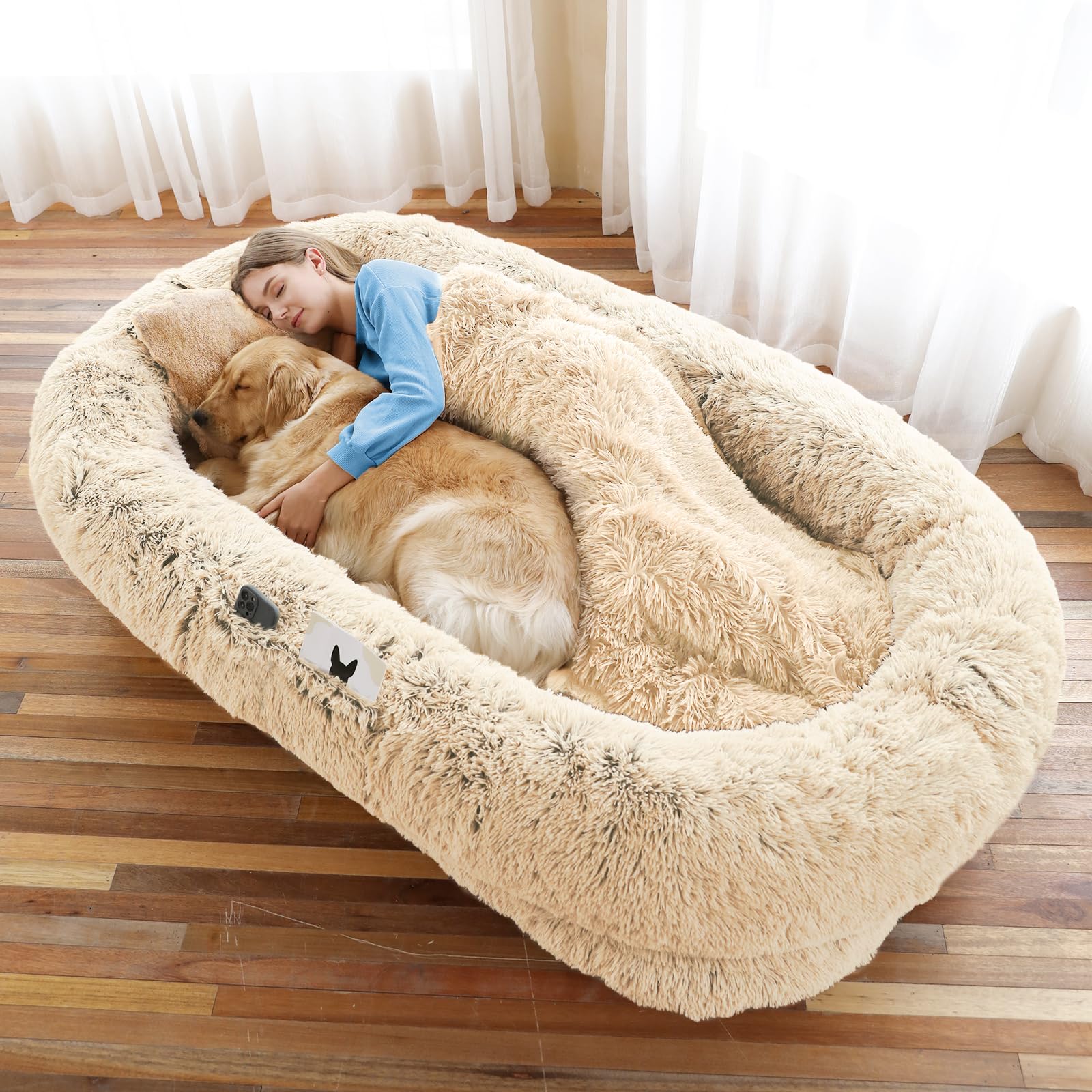 WROS human dog bed plush faux fur close-up showing inviting nap surface.