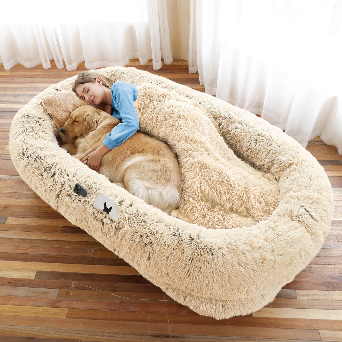 WROS human dog bed plush faux fur close-up showing inviting nap surface.