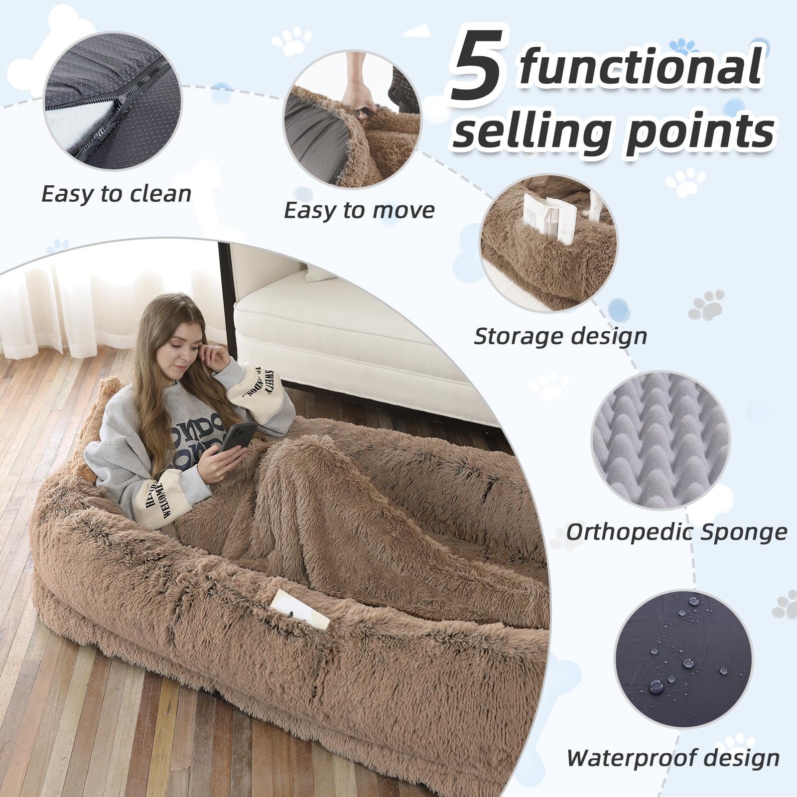 WROS Human Dog Bed in living room scene with pet companion