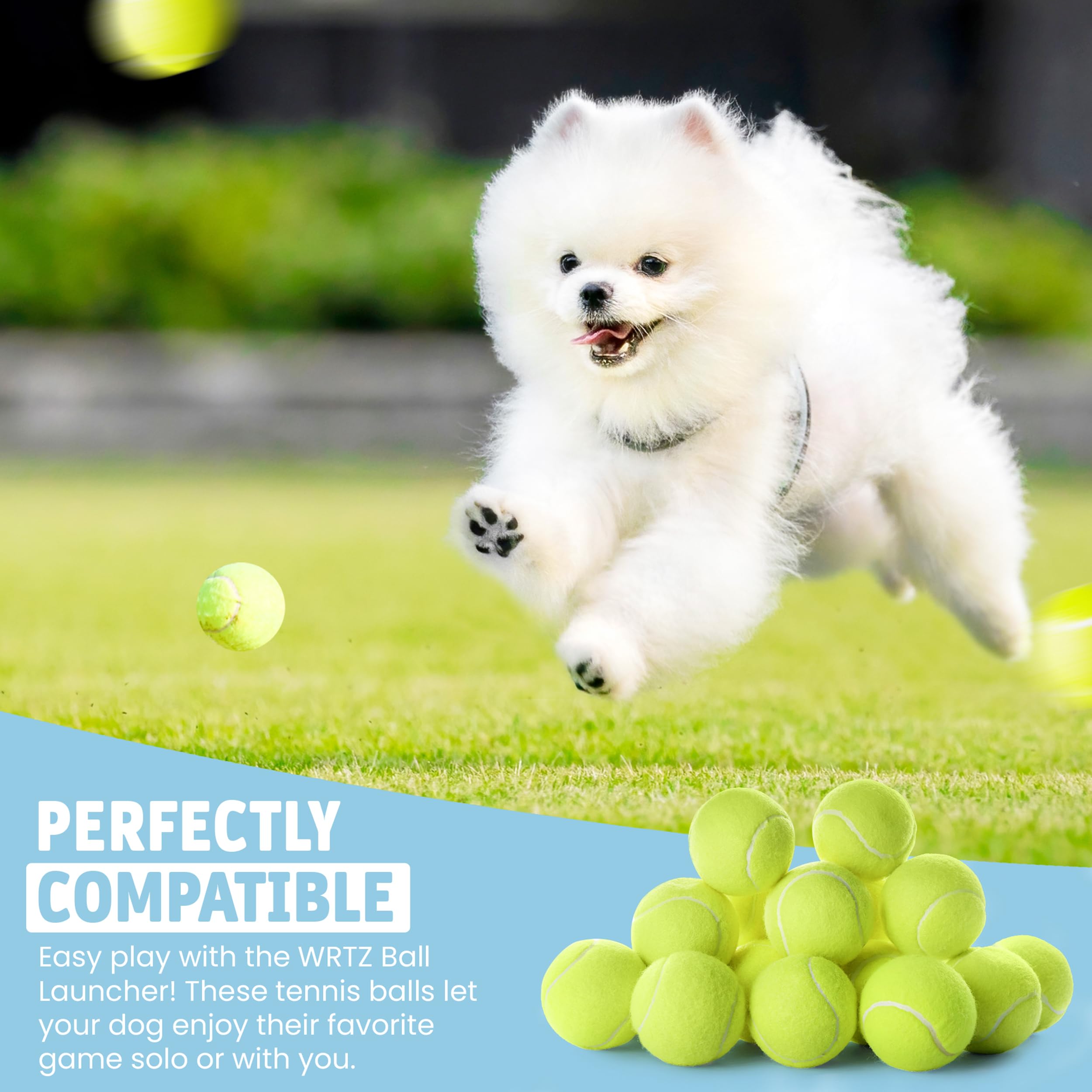WRTZ launcher-compatible dog tennis balls simplify fetch with compatible ball launchers.