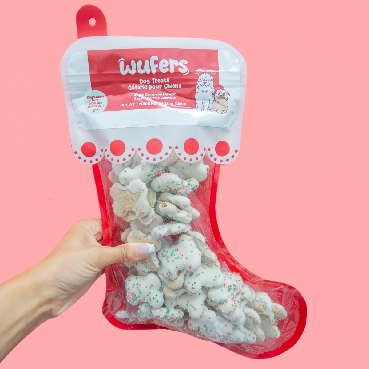 Wufers Endless Bones Christmas Stocking hanging for festive dog treats and gifting