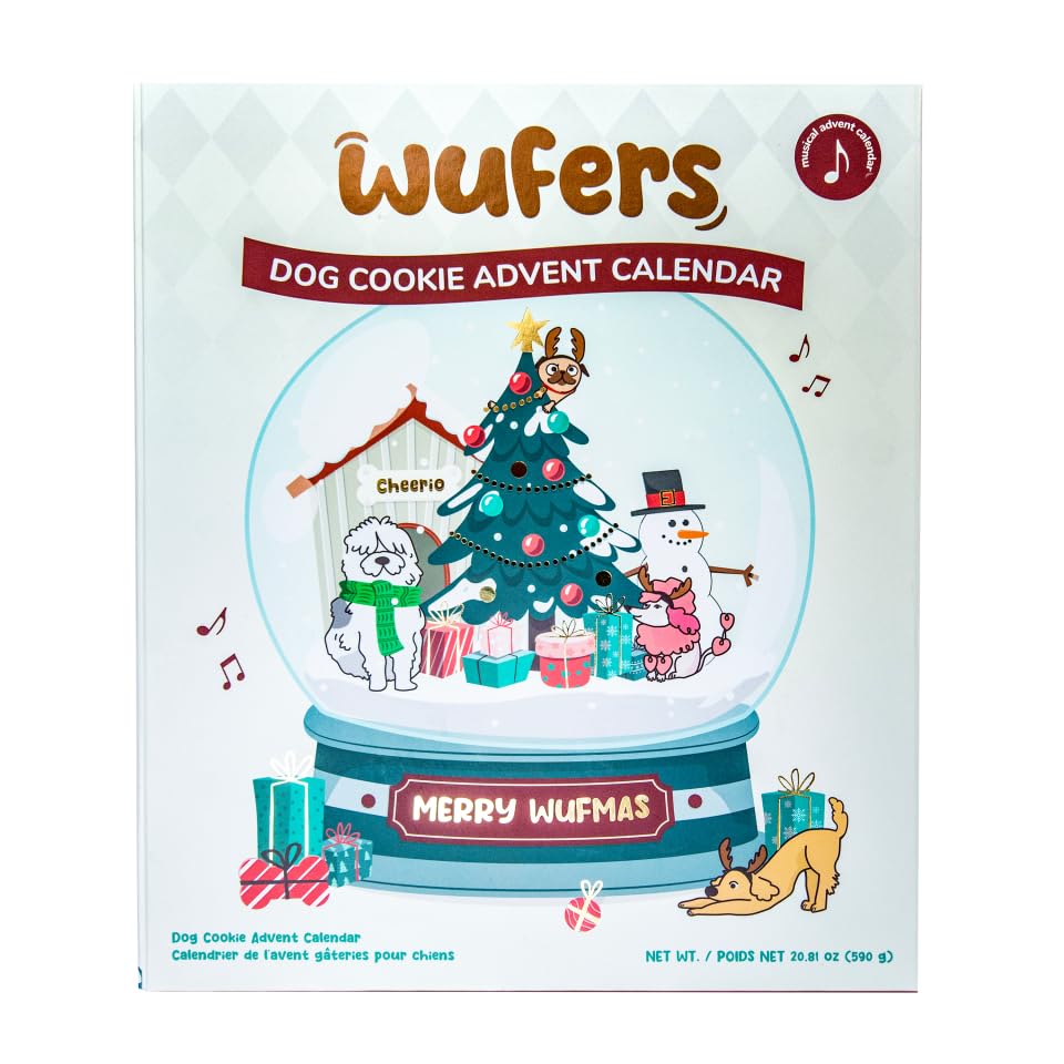 WUFERS Singing Snow Globe Advent Calendar close-up, daily festive dog cookies for Christmas countdown
