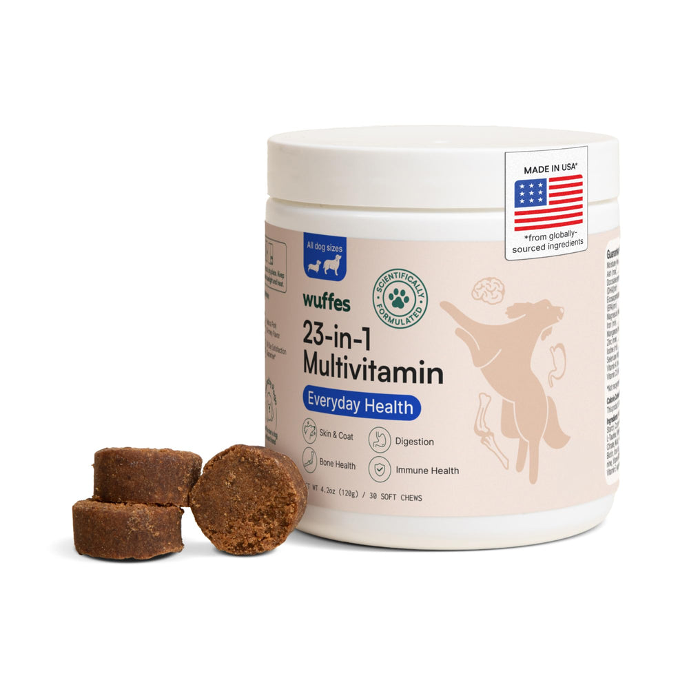 Wuffes 23-in-1 multivitamin bottle front boosts daily wellness for dogs.
