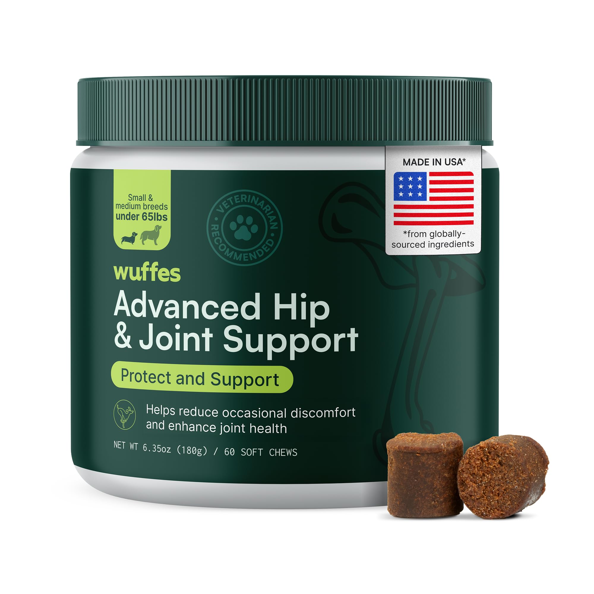 Wuffes Advanced Hip Joint Supplement bottle promotes easy daily dosing for mobility.
