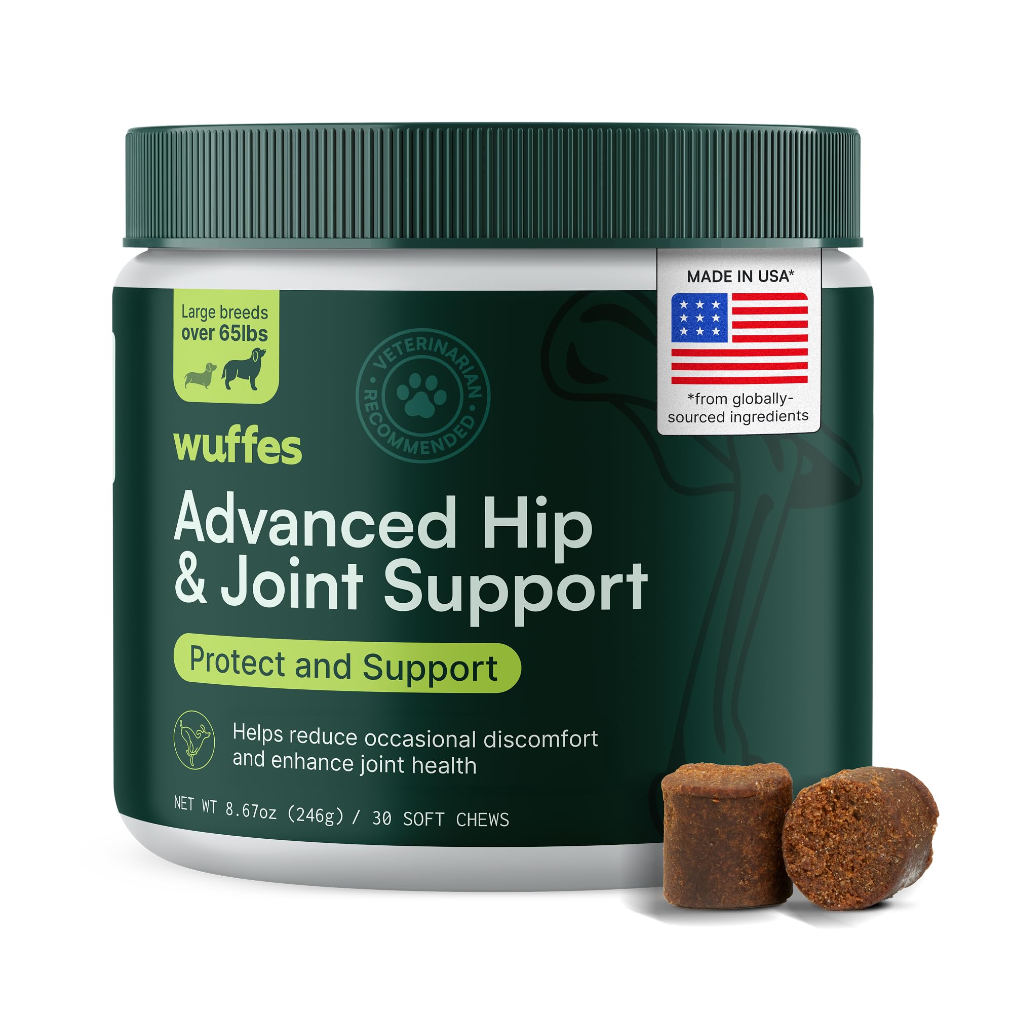 Wuffes Advanced Hip and Joint Chews in bag promote mobility for large dogs