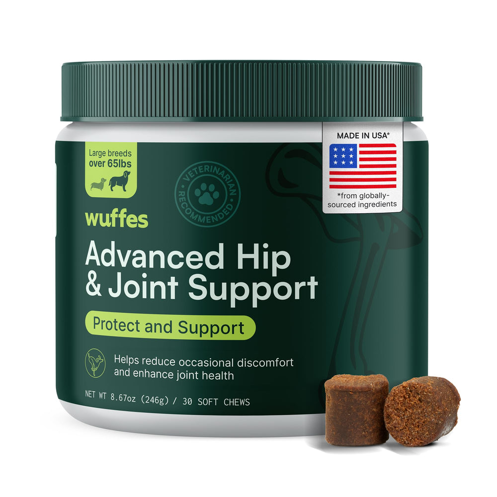 Wuffes Advanced Hip and Joint Chews in bag promote mobility for large dogs