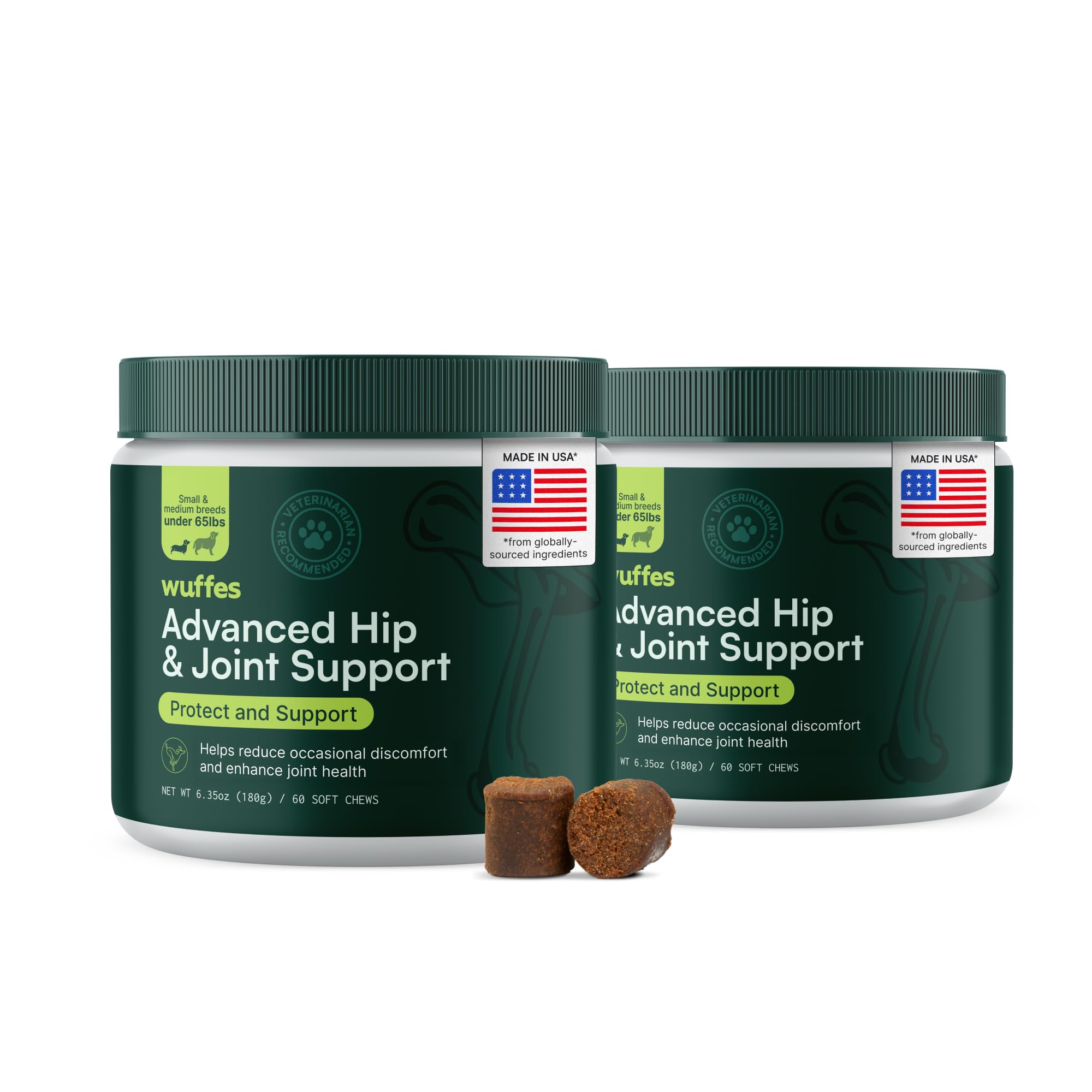 Wuffes Advanced Hip-Joint chews, pork-flavored bottle, supports joint comfort for small dogs.
