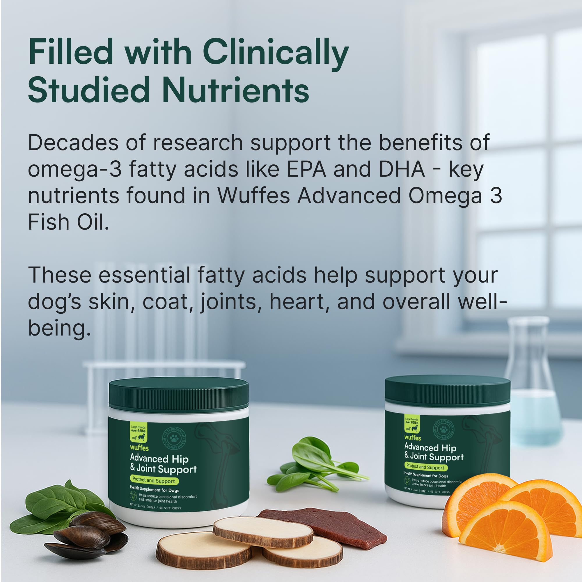 Wuffes Advanced Hip and Joint Chews serving aiding comfortable movement after play