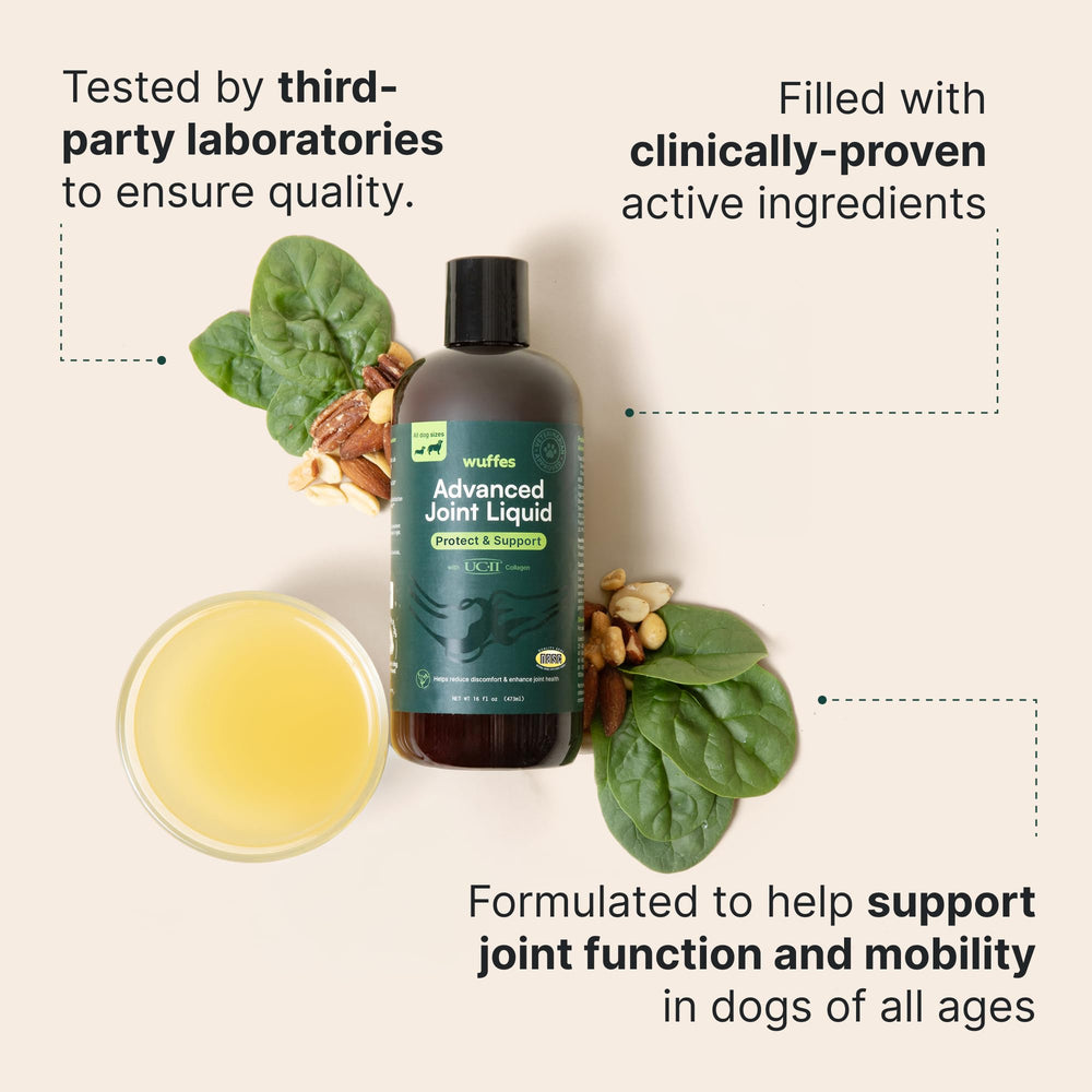 Wuffes Advanced Joint Liquid close-up of glucosamine and chondroitin ingredients.