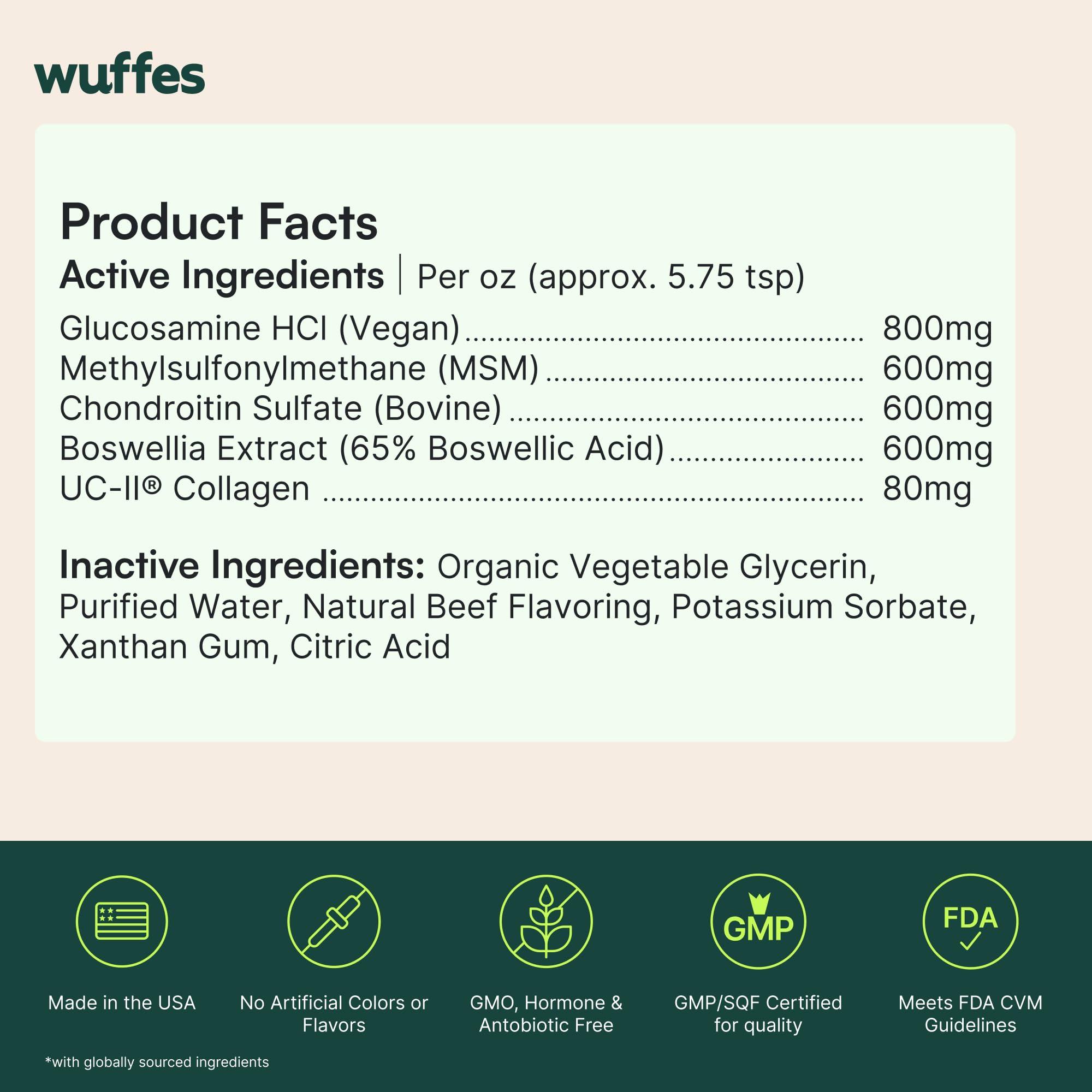 Wuffes Advanced Joint Liquid bottle, made in USA for trusted manufacturing.