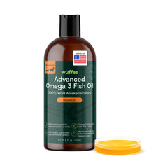 Wuffes Advanced Omega-3 dog oil bottle highlights pure Pollock oil for coat health.