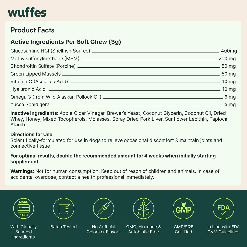 Wuffes-brand logo on pack, trusted hip and joint supplement for small breeds.