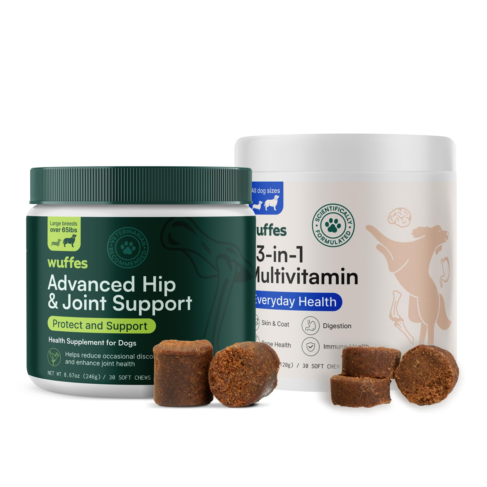 Wuffes 23-in-1 multivitamin bundle pack image highlights daily canine nutrition and balance.