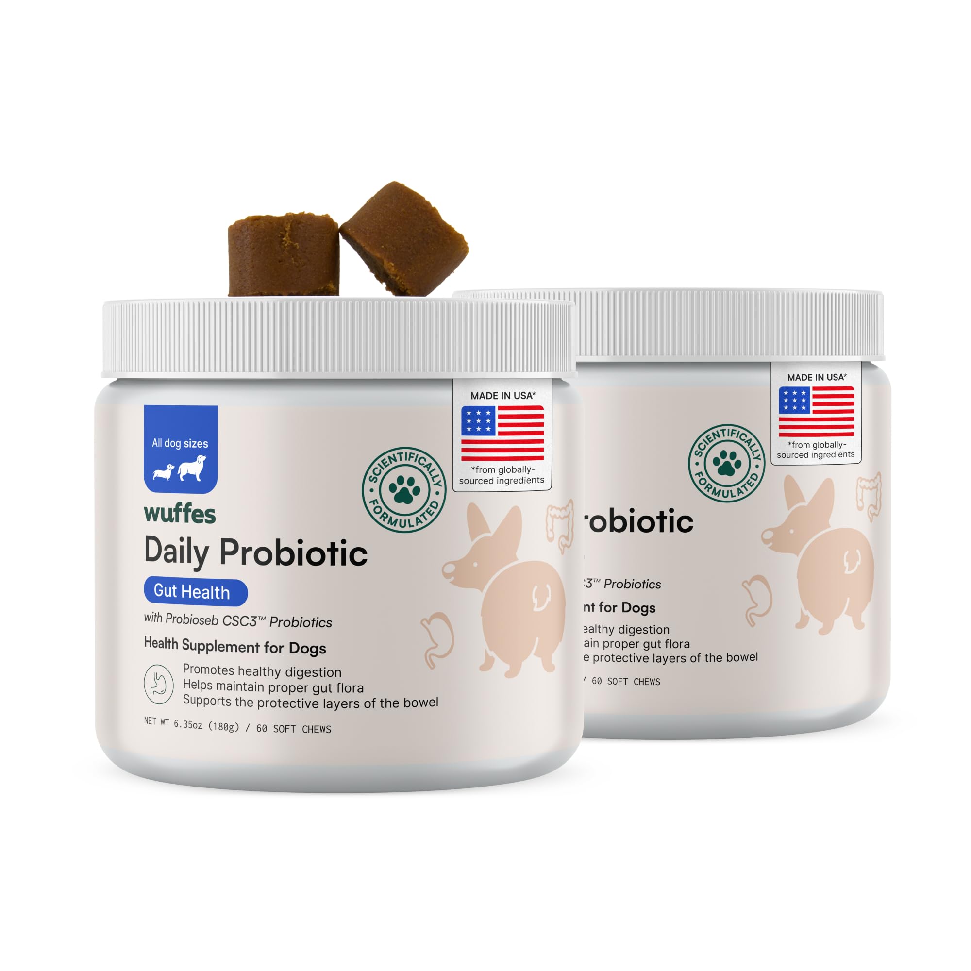 Wuffes Daily Probiotic bottle closeup demonstrates easy, dog-friendly digestive support.