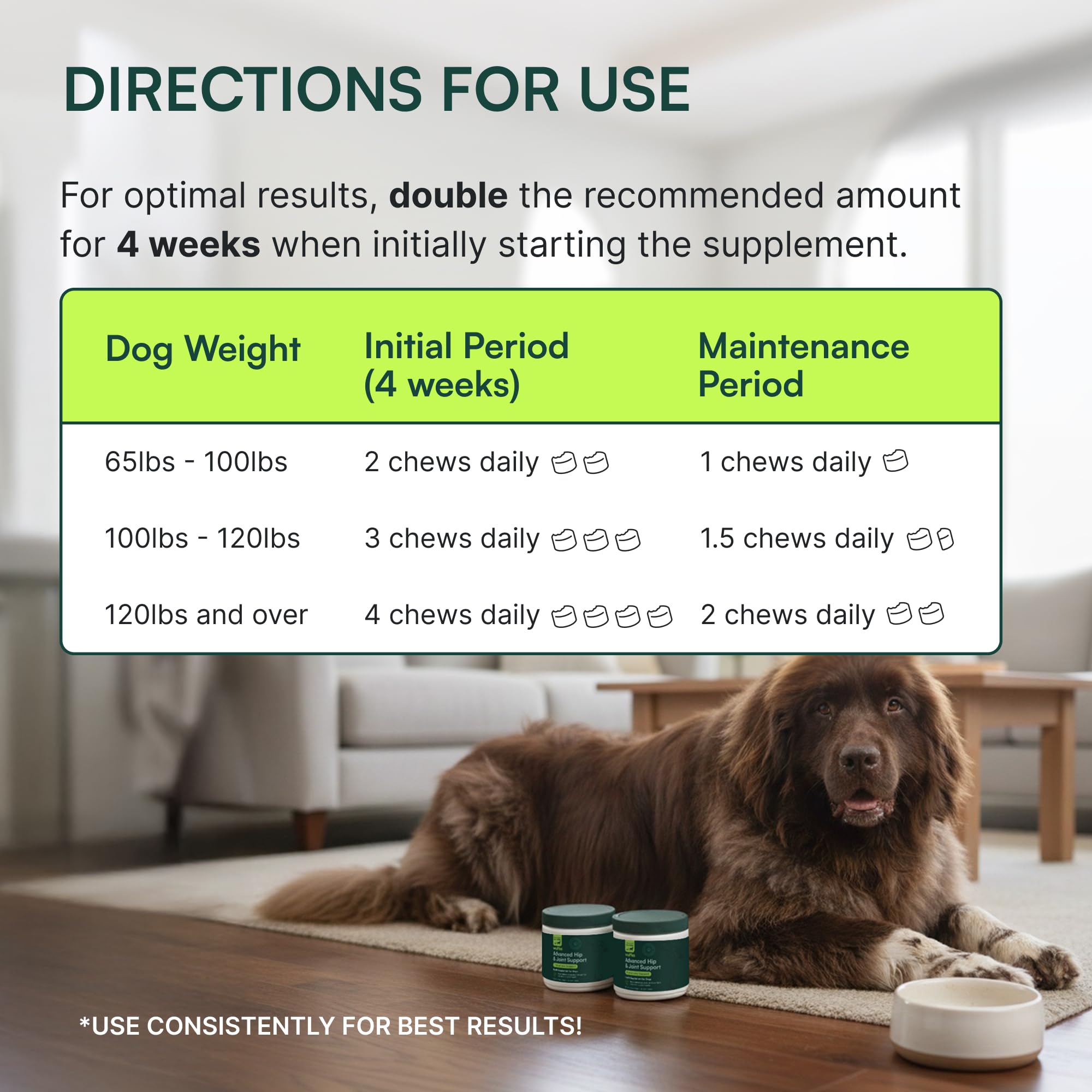Wuffes dog eating hip joint chews during training session