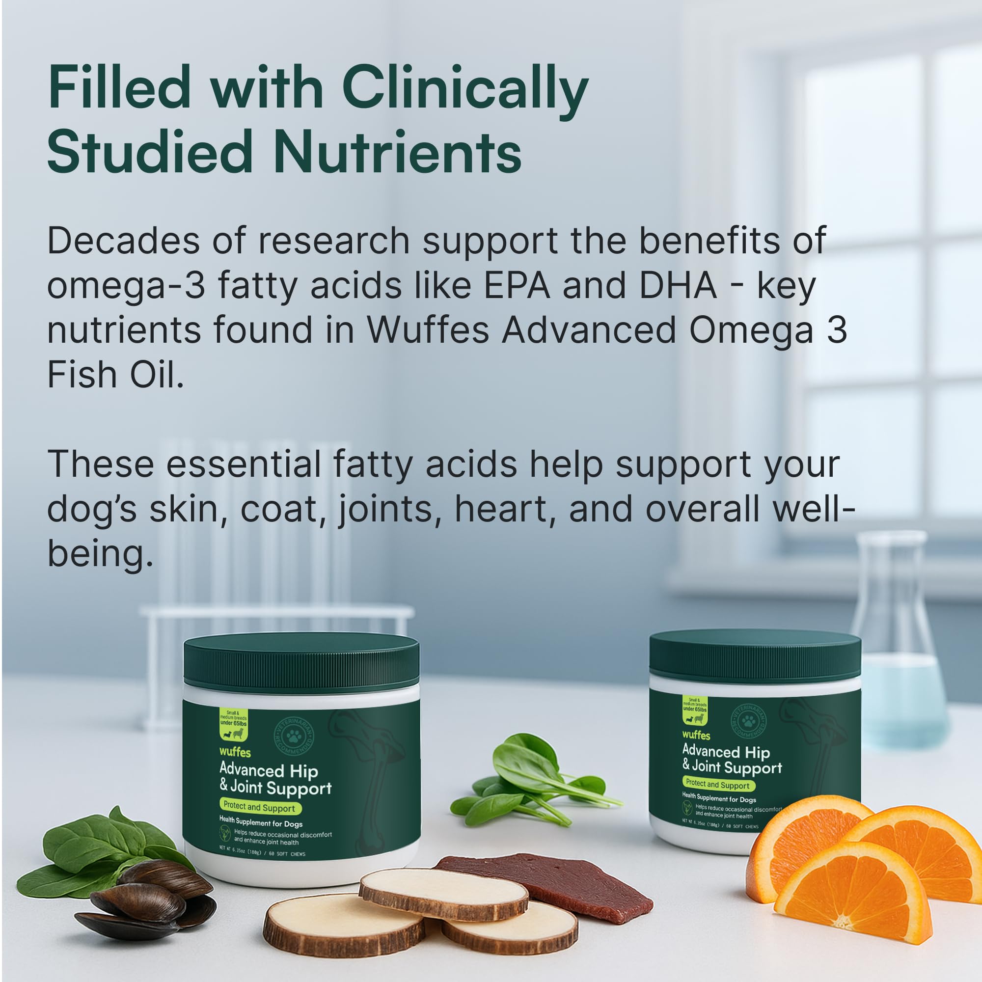 Wuffes glucosamine-chondroitin-omega-3-msm ingredients label, science-backed nutrients for healthy cartilage.