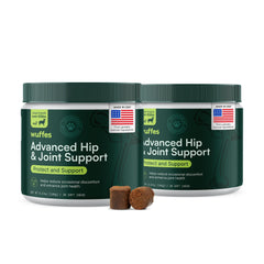 Wuffes hip joint chews bottle for convenient daily mobility support.