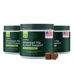 Wuffes hip and joint chews pack shows 180-count trio for small and medium dogs, supporting mobility.
