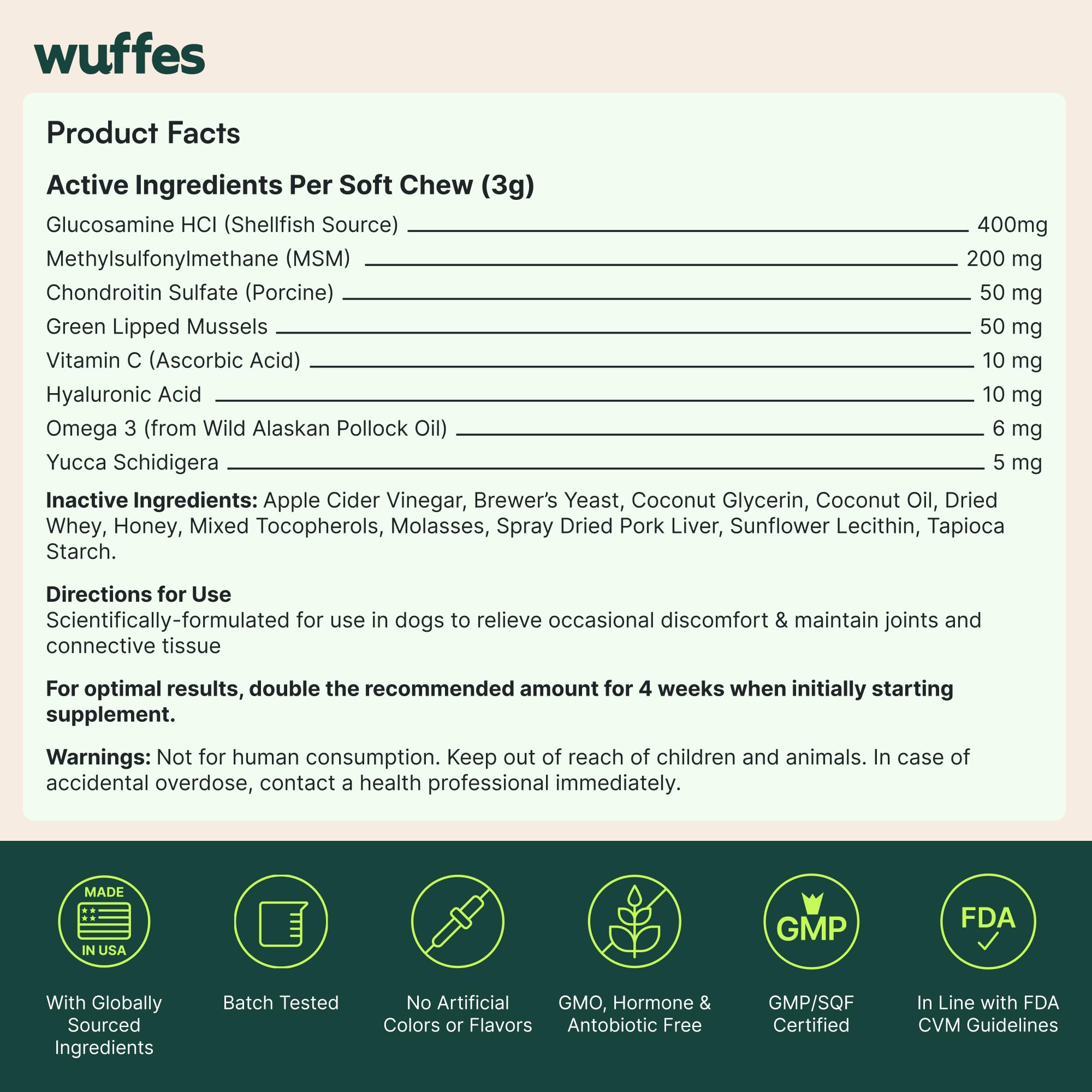 Wuffes ingredients list highlights glucosamine chondroitin for active dogs.