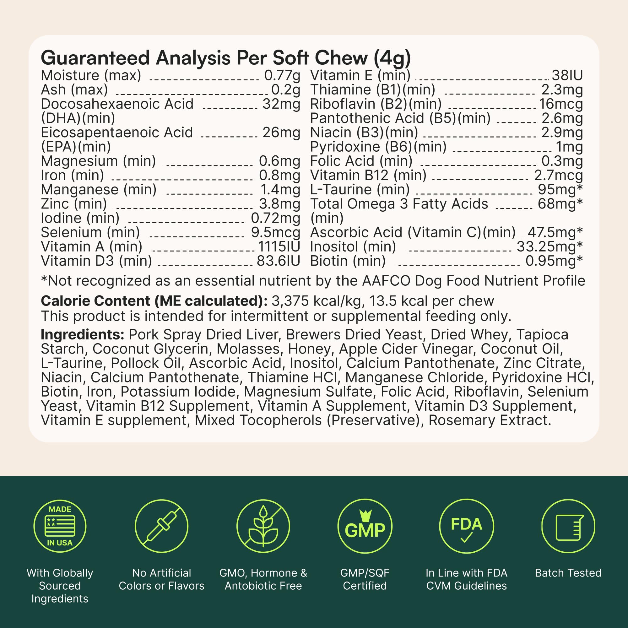 Wuffes senior and puppy nutrition label shows life-stage suitability.