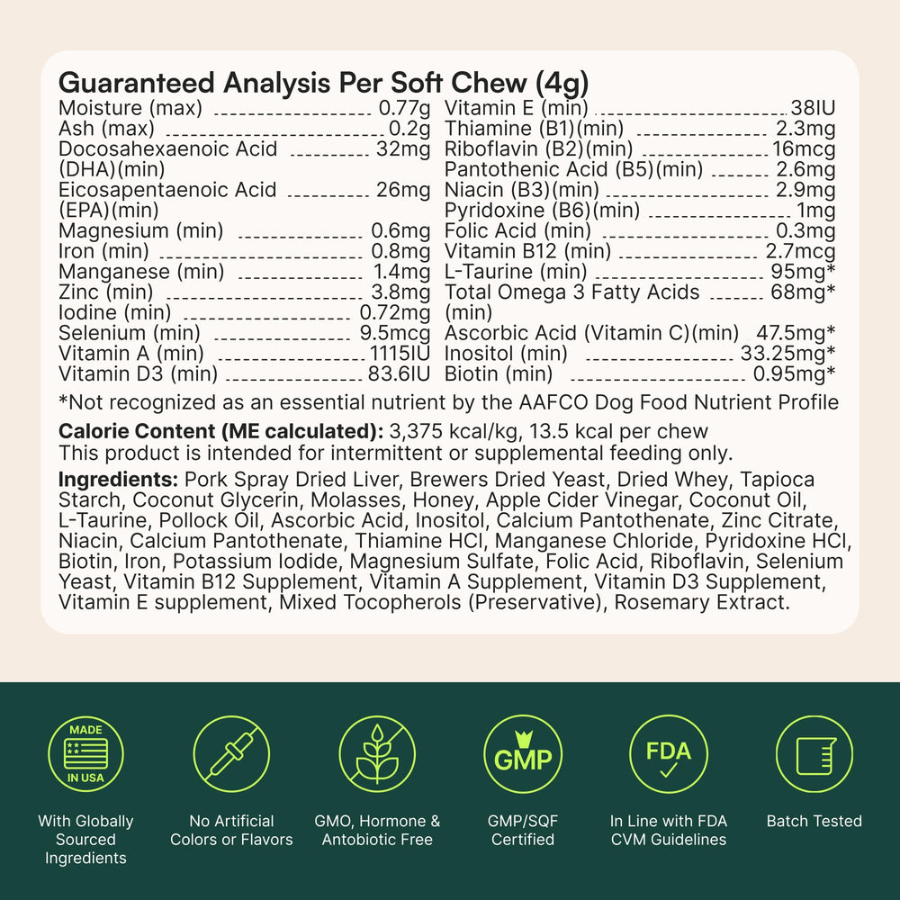 Wuffes senior and puppy nutrition label shows life-stage suitability.
