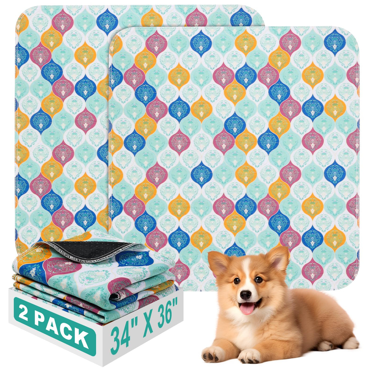 WUFFLYDRY washable pee pad bohemian pattern closeup shows high absorption for quick containment.