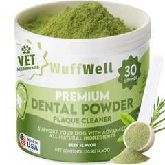 WuffWell dog teeth cleaning powder bottle shows easy daily care for fresher breath.