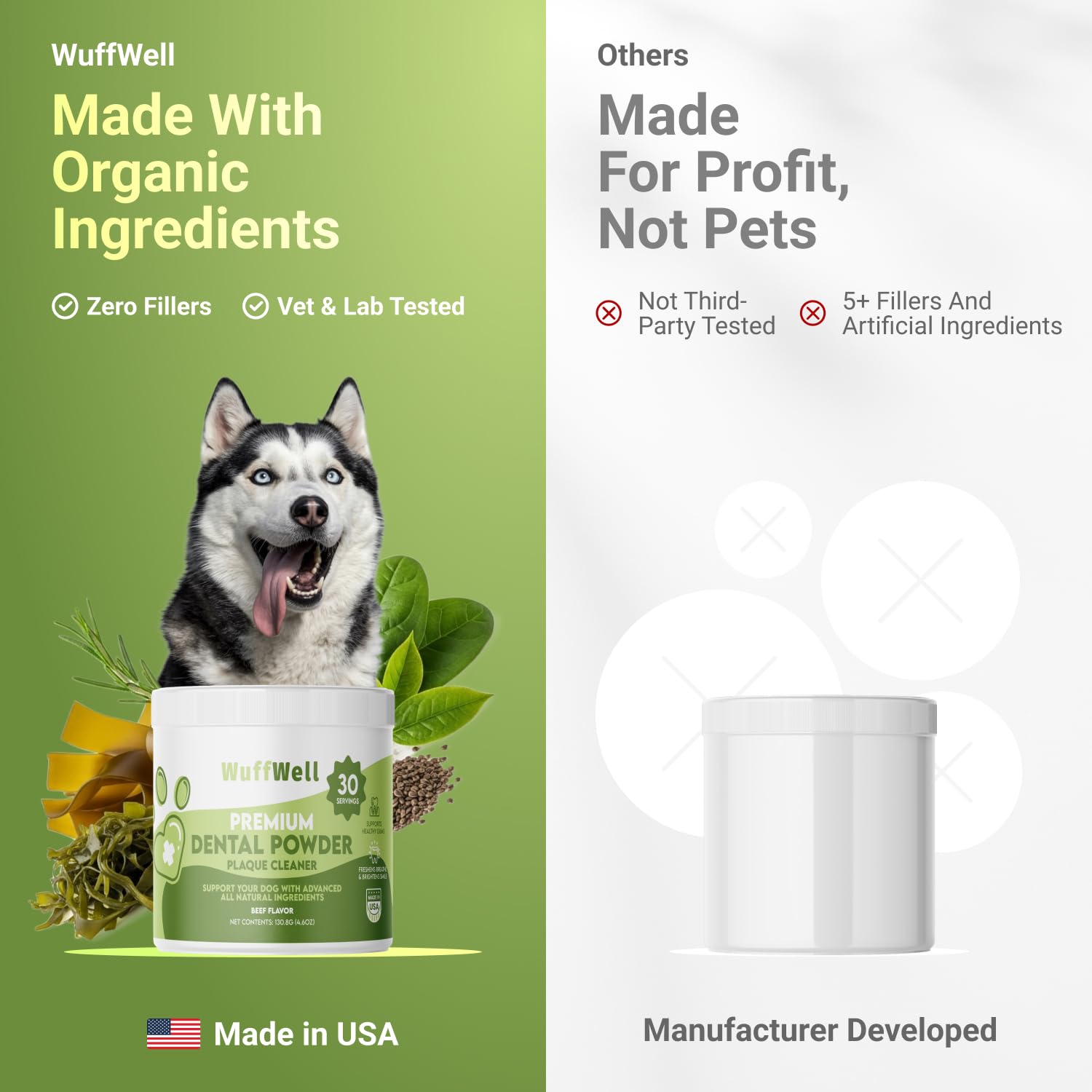 WuffWell on-meal serve shows quick sprinkle for busy pet parents.