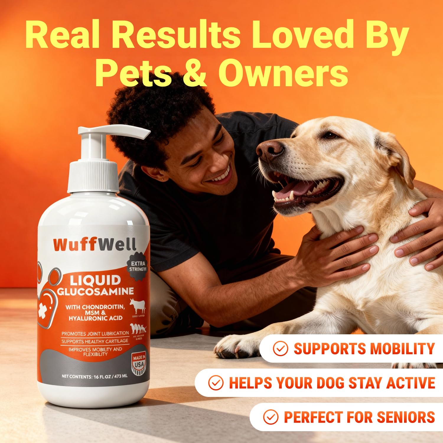 WuffWell hip joint support liquid targets overall joint health for active pets.