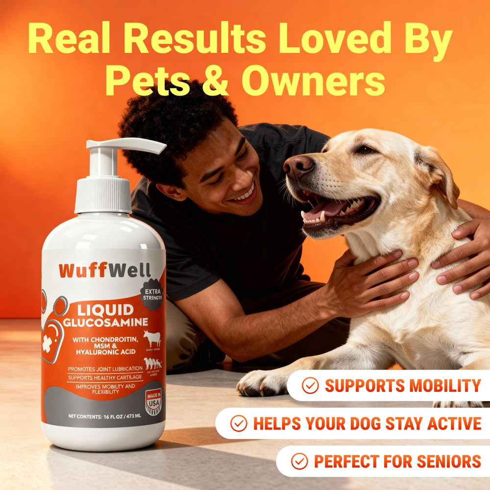 WuffWell hip joint support liquid targets overall joint health for active pets.