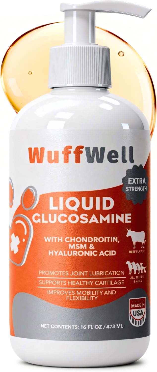 WuffWell liquid glucosamine for dogs bottle enables easy dosage for ongoing joint support.