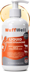 WuffWell liquid glucosamine for dogs bottle enables easy dosage for ongoing joint support.